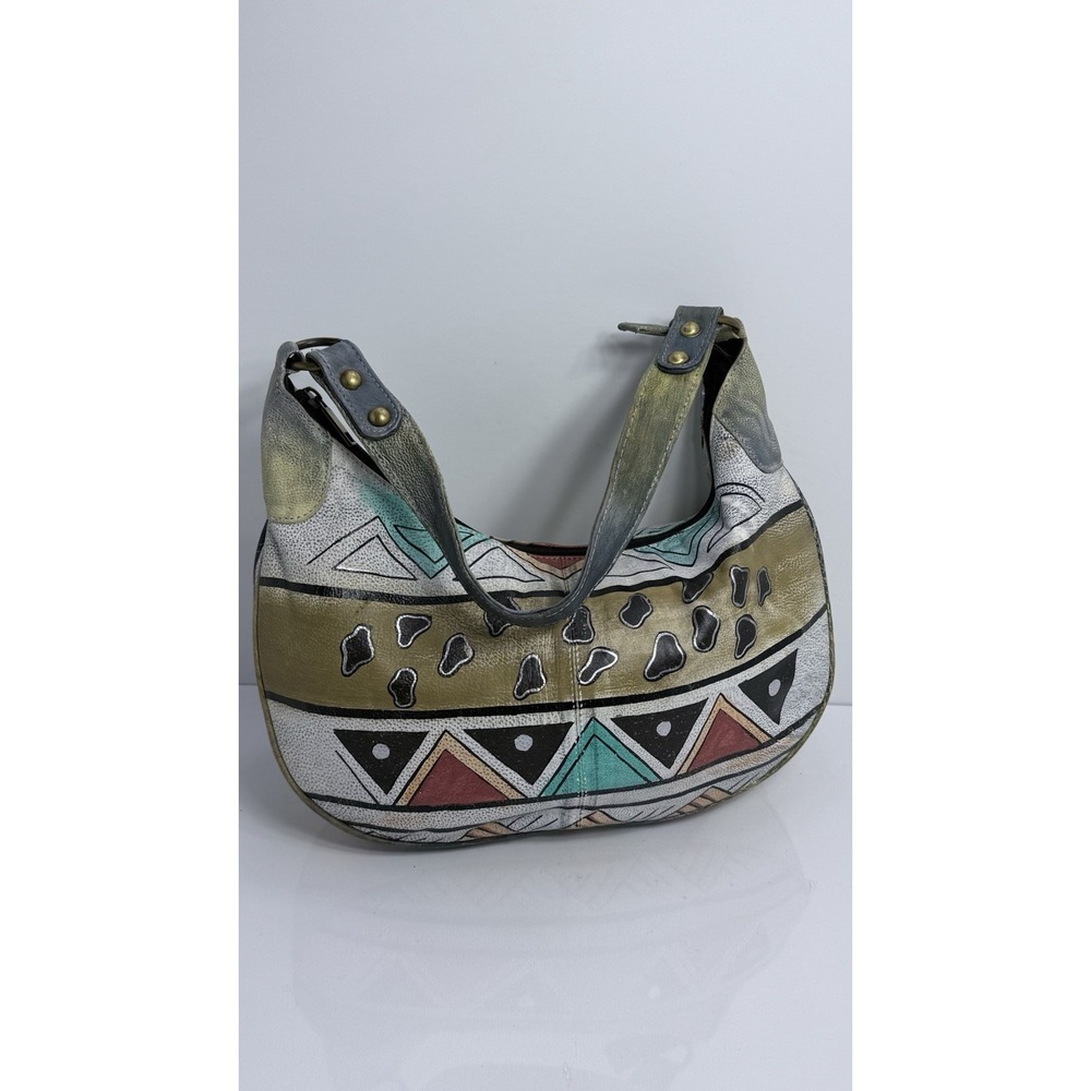 VTG Hand Painted Leather Hobo Bag Southwestern Geometric Tribal Shoulder Purse